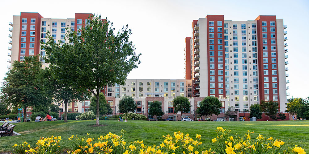 Aerial view of island with several commercial buildings