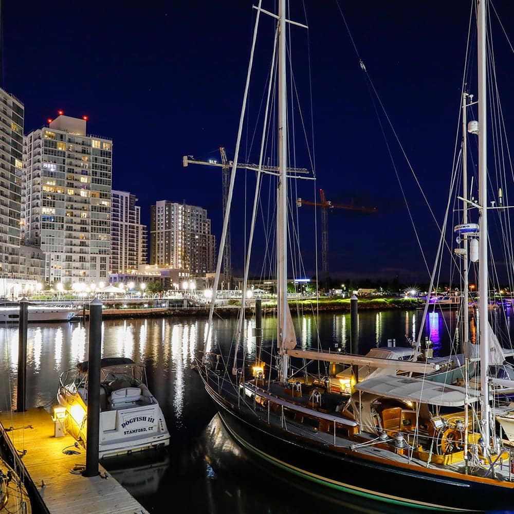 Fireworks light the night sky at a marina