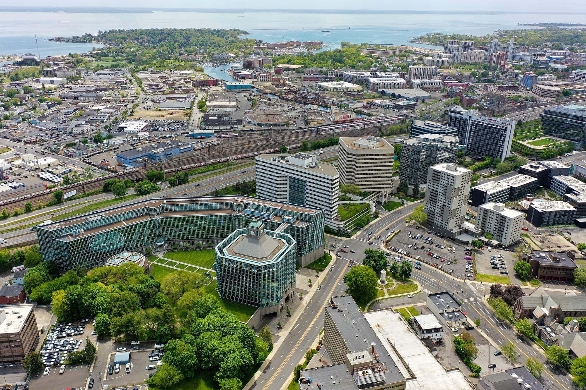 Aerial view of multiple commercial buildings