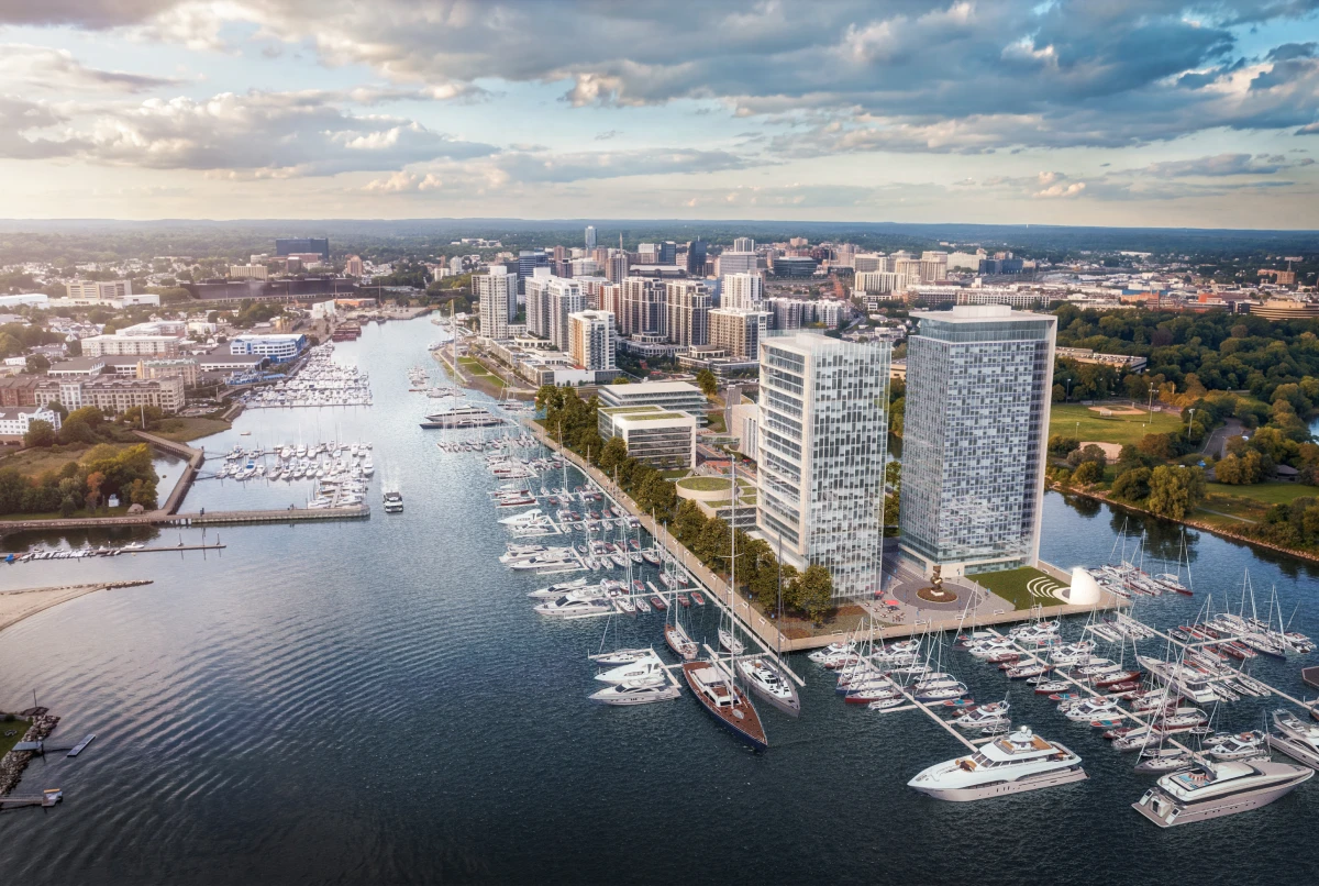 Peninsula at Harbor Point hero rendering of site and Long Island Sound